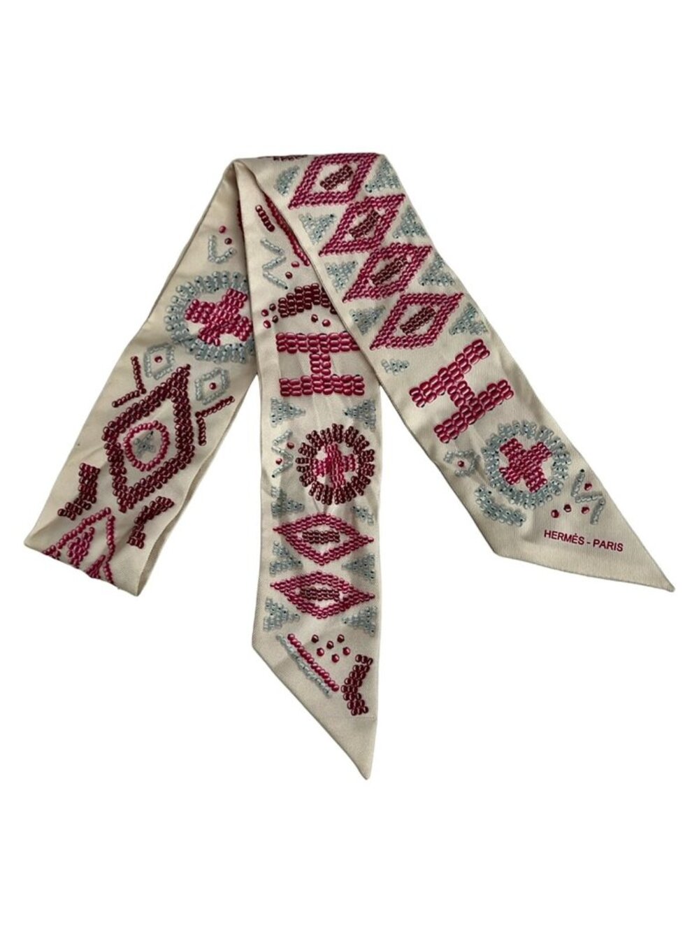 Hermes Scarf Twilly Cream Framboise Argile Ribbon Kelly en Perles